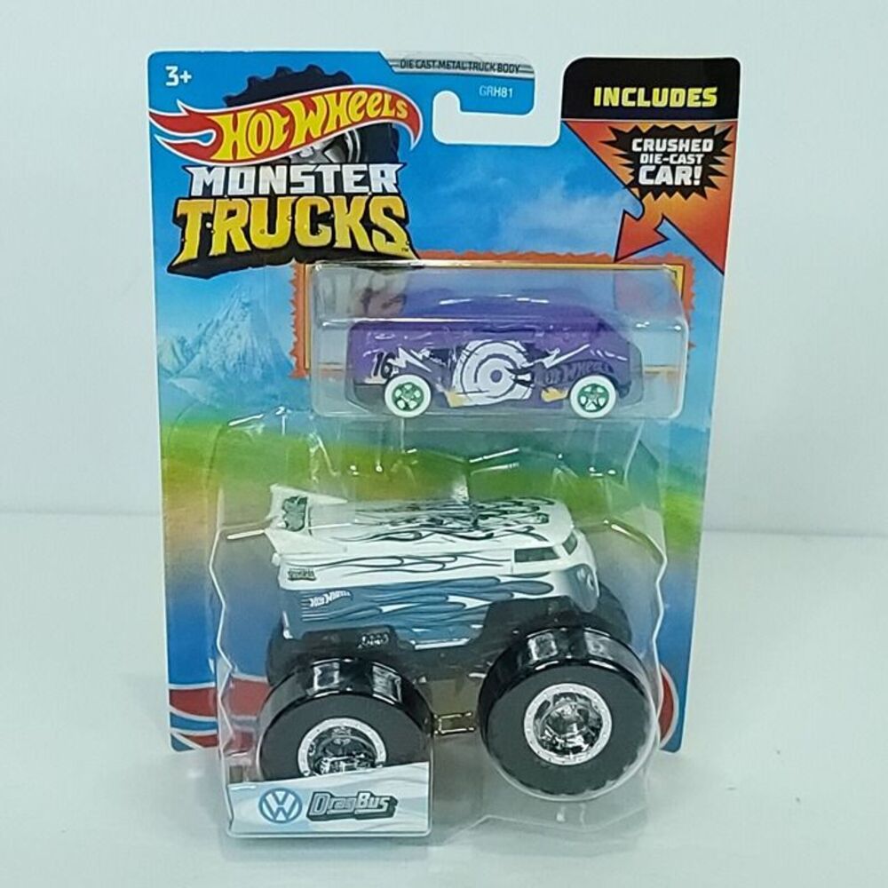Hot Wheels Monster Trucks VW Blue White Drag Bus 1/64 Bonus Crushed Car NEW